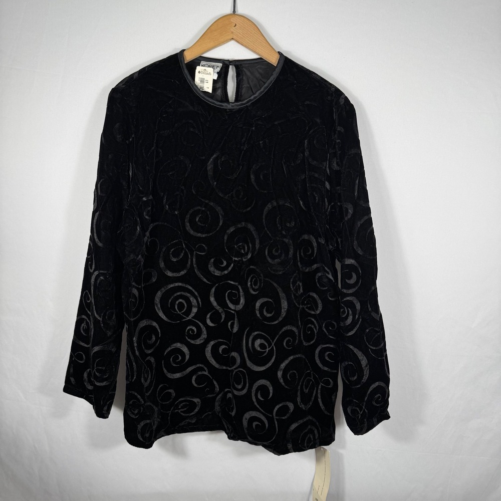 Koret Vintage Black Velvet Burnout Swirls Long Sleeve Blouse Top Elegant